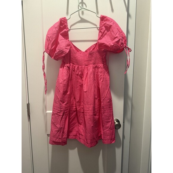 English Factory Pleated Detail Puff Sleeve Mini Dress Pink Size M - Picture 4 of 4